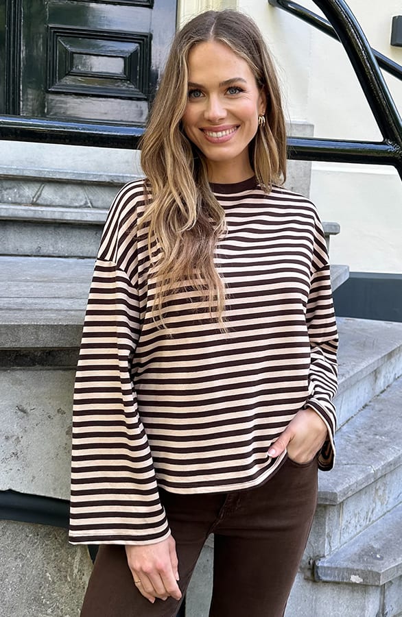 Oversized Gestreepte Katoenen Top Bruin Beige