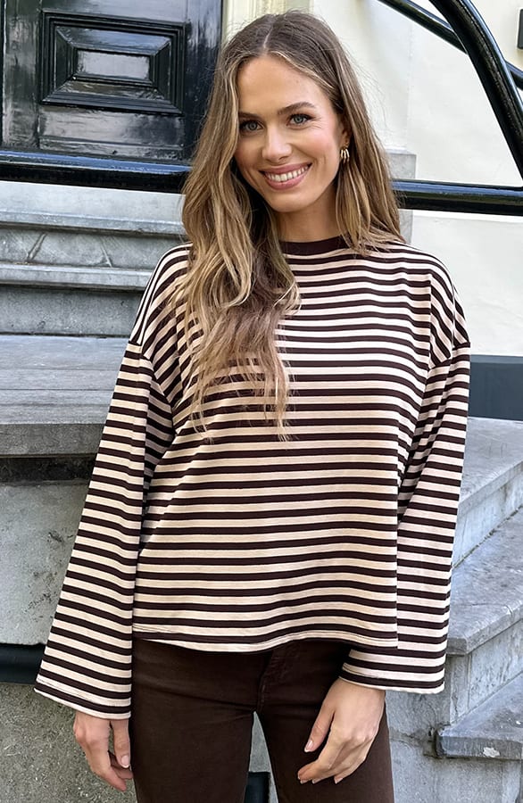 Oversized Gestreepte Katoenen Top Bruin Beige – shirts & tops — foto 4
