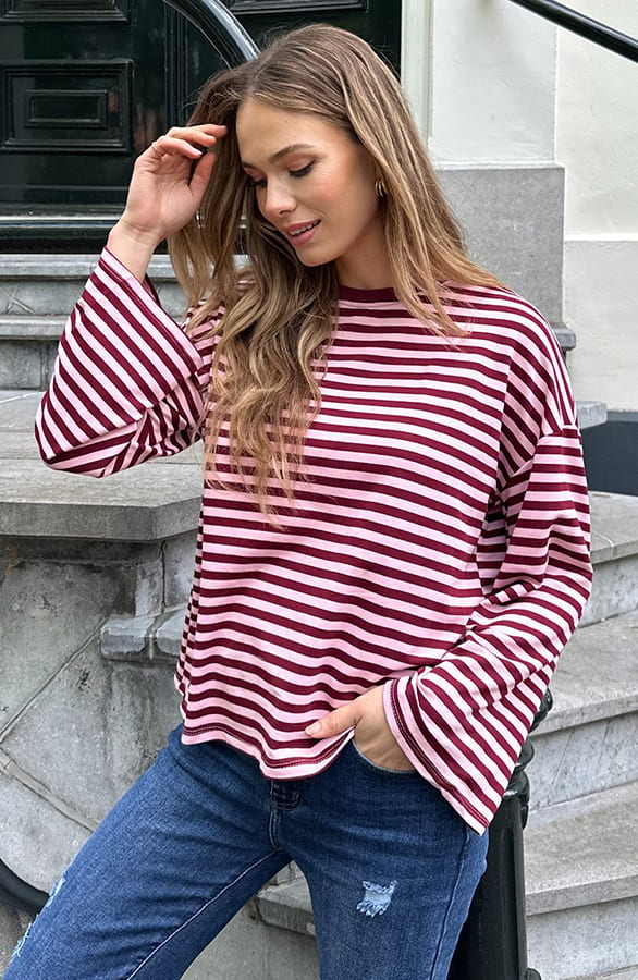Oversized Gestreepte Katoenen Top Burgundy Pink – shirts & tops — foto 4