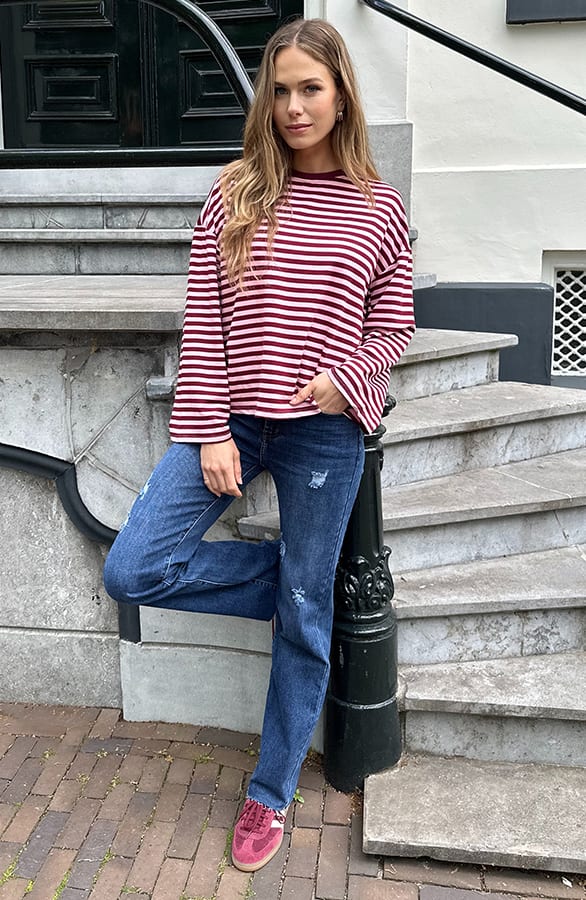 Oversized Gestreepte Katoenen Top Burgundy Pink – shirts & tops — foto 6