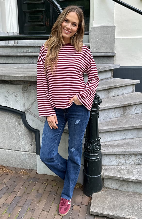 Oversized Gestreepte Katoenen Top Burgundy Pink – shirts & tops — foto 7
