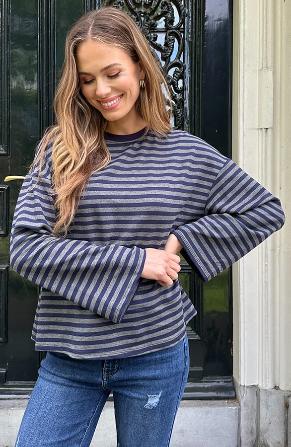 Oversized Gestreepte Katoenen Top Grijs Navy