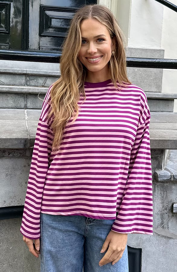 Oversized Gestreepte Katoenen Top Paars Roze