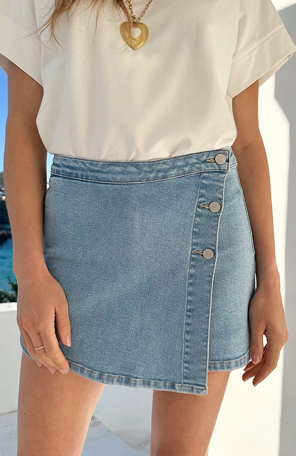 Overslag Knopen Skort Denim