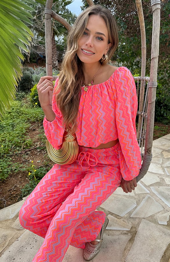 Print Mousseline Off Shoulder Top Neon Fuchsia