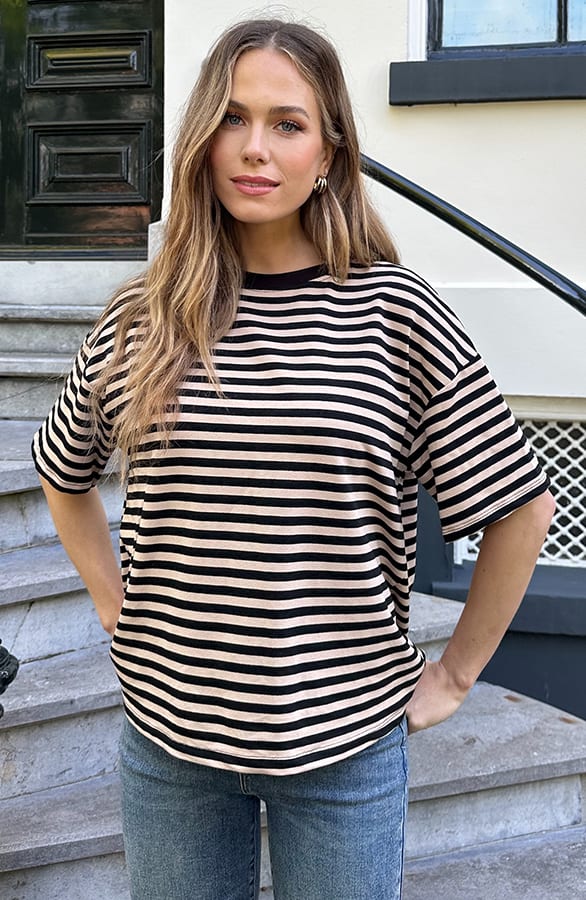 Striped T-Shirt Cotton Beige Zwart