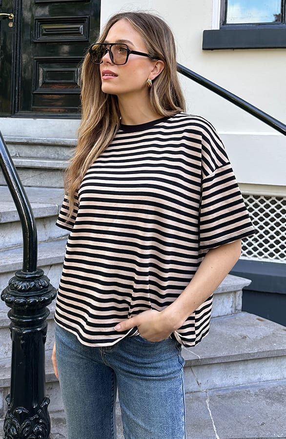 Striped T-Shirt Cotton Beige Zwart – shirts & tops — foto 7