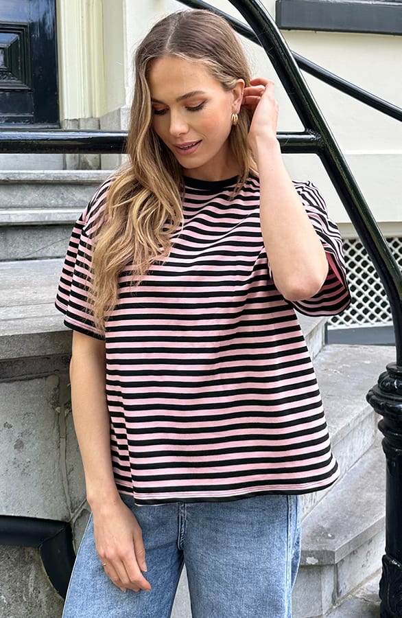 Striped T-Shirt Cotton Dust Roze Zwart