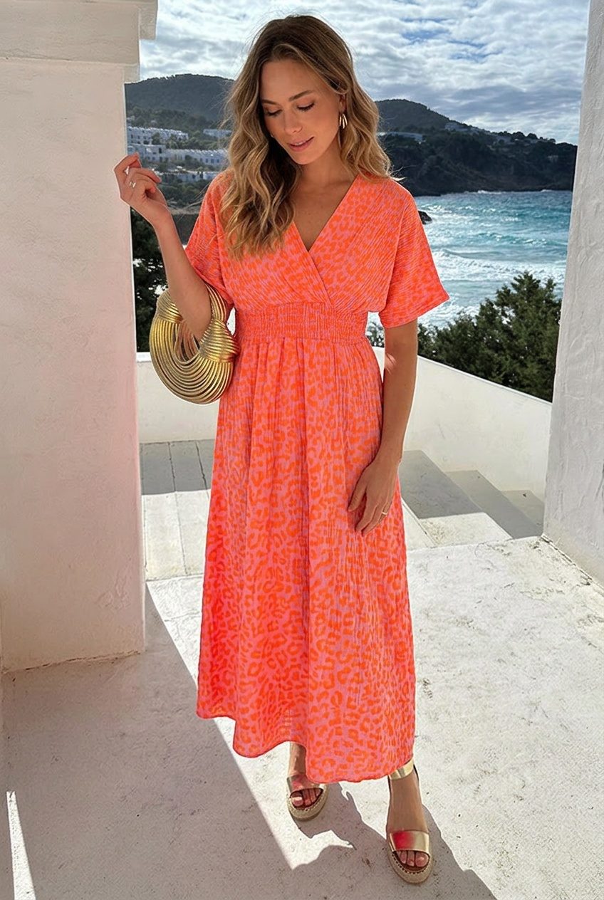 V-Hals Maxi Print Jurk Mousseline Neon Oranje – alle jurkjes — foto 2