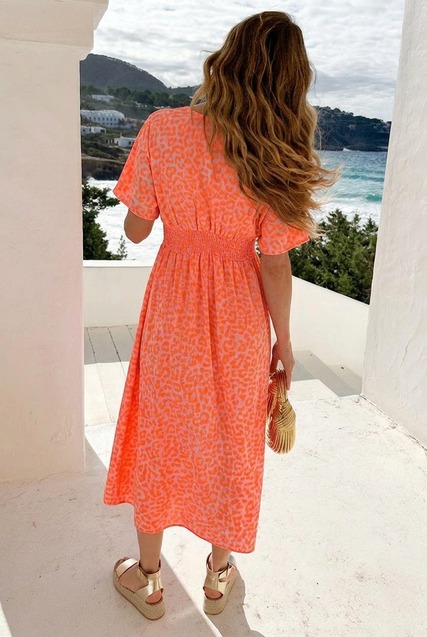 V-Hals Maxi Print Jurk Mousseline Neon Oranje – alle jurkjes — foto 3