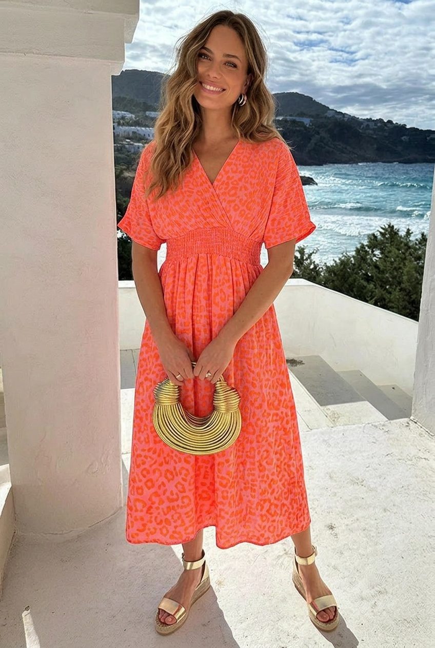 V-Hals Maxi Print Jurk Mousseline Neon Oranje – alle jurkjes — foto 4