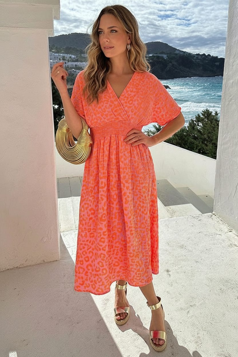 V-Hals Maxi Print Jurk Mousseline Neon Oranje