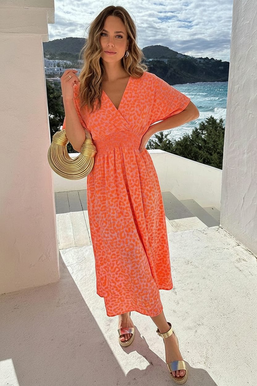 V-Hals Maxi Print Jurk Mousseline Neon Oranje – alle jurkjes — foto 5