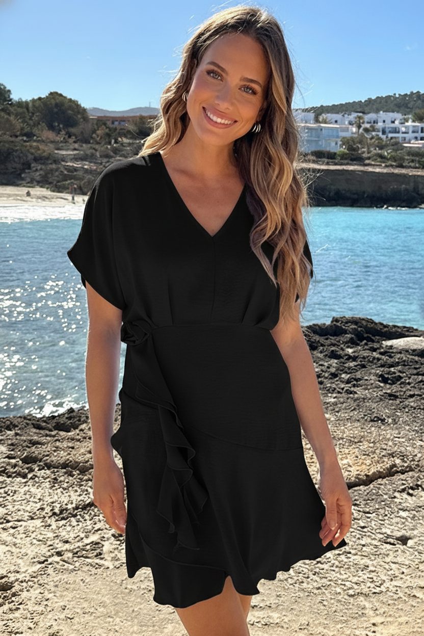 V-Neck Rose Dress Zwart