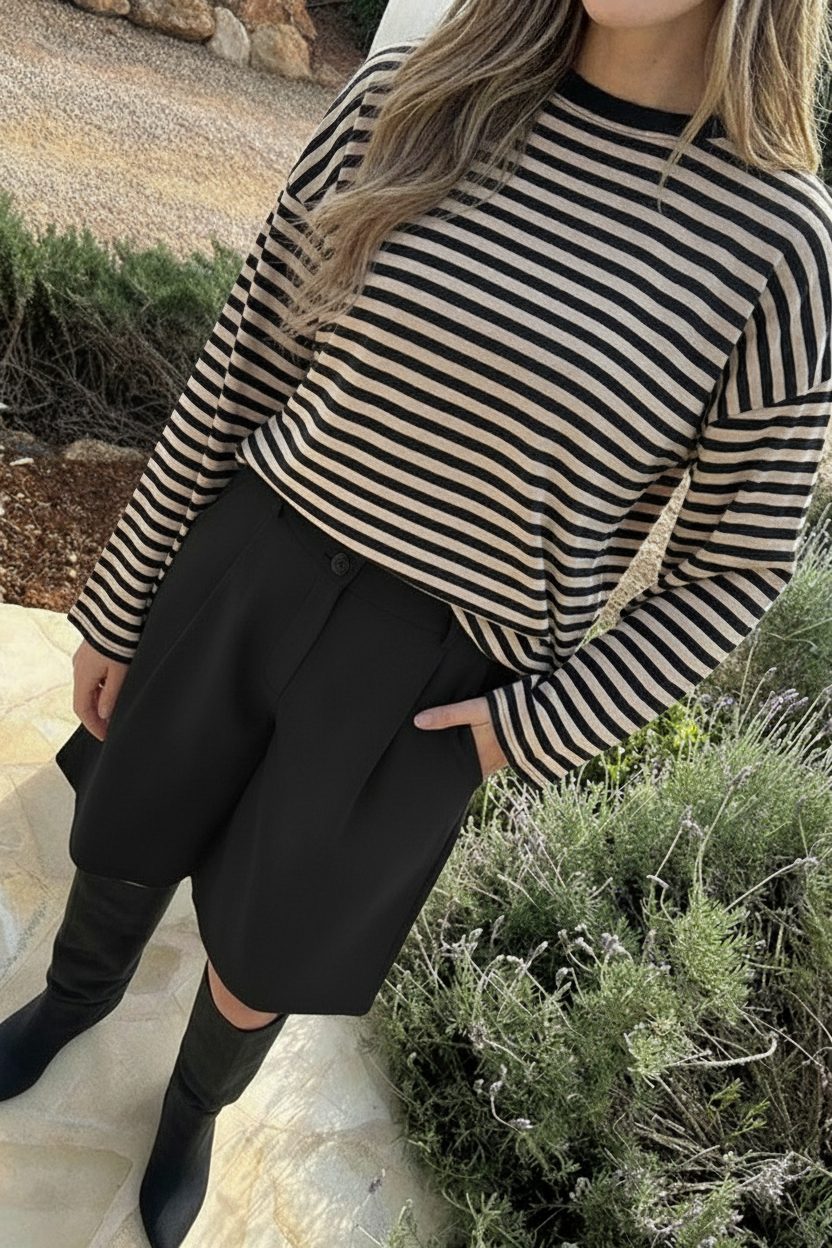Oversized Gestreepte Katoenen Top Beige Zwart – shirts & tops — foto 4