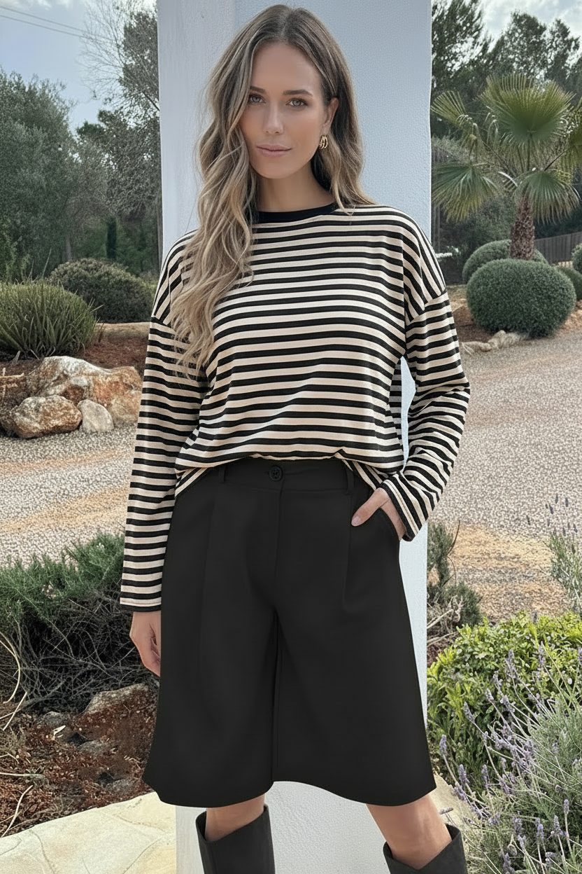 Oversized Gestreepte Katoenen Top Beige Zwart – shirts & tops — foto 5