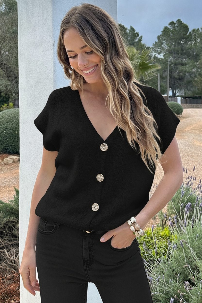 Knitted Button Cardigan Zwart