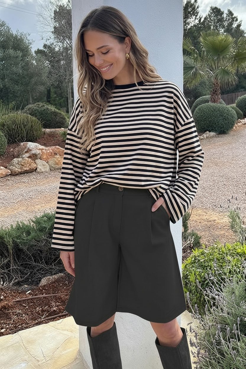 Oversized Gestreepte Katoenen Top Beige Zwart – shirts & tops — foto 2