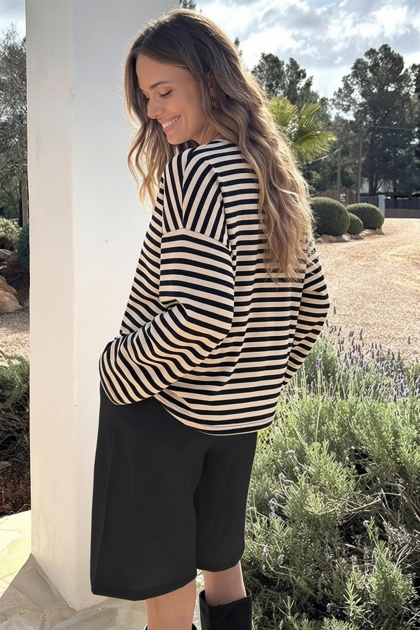 Oversized Gestreepte Katoenen Top Beige Zwart – shirts & tops — foto 3