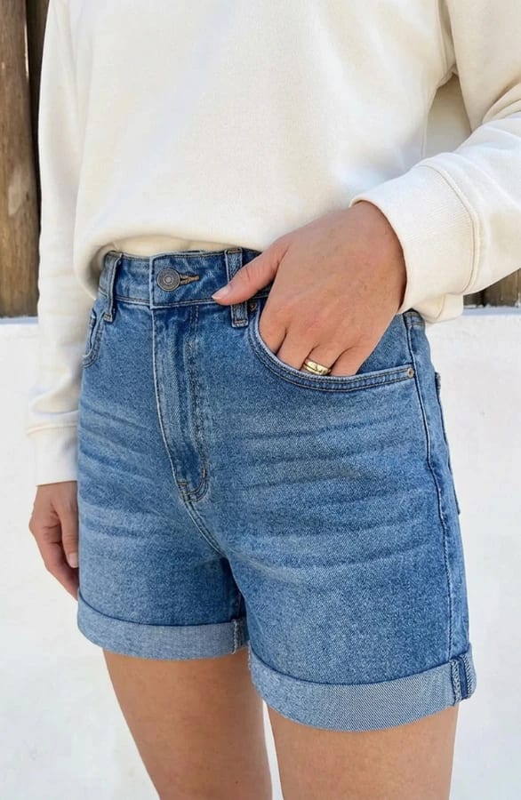 Mom Fit Jeans Short Blauw