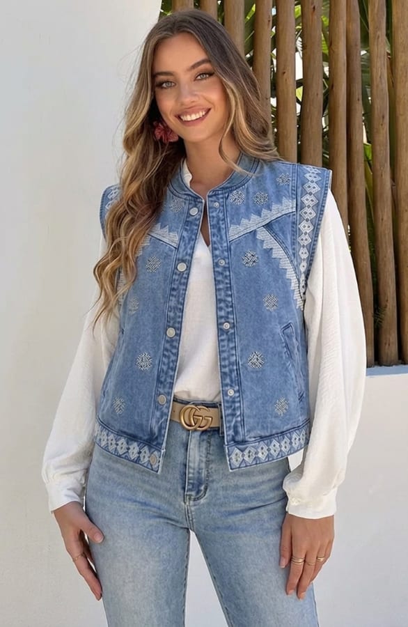 Detailed Denim Gilet Embroidery Light Blue – vesten — foto 6
