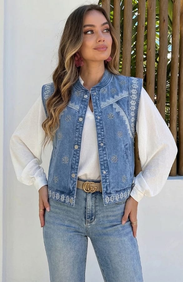 Detailed Denim Gilet Embroidery Light Blue