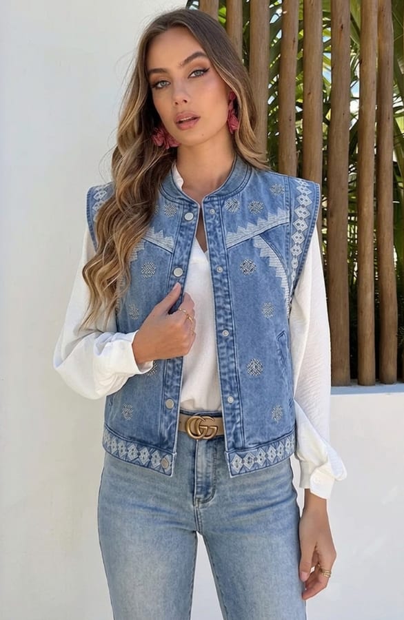 Detailed Denim Gilet Embroidery Light Blue – vesten — foto 5