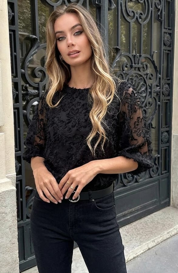 Franje Pofmouwen Top Zwart – shirts & tops — foto 3