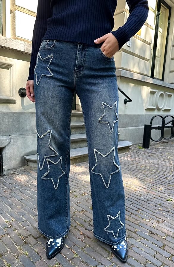Frayered Star Wide Leg Dez Jeans Blue