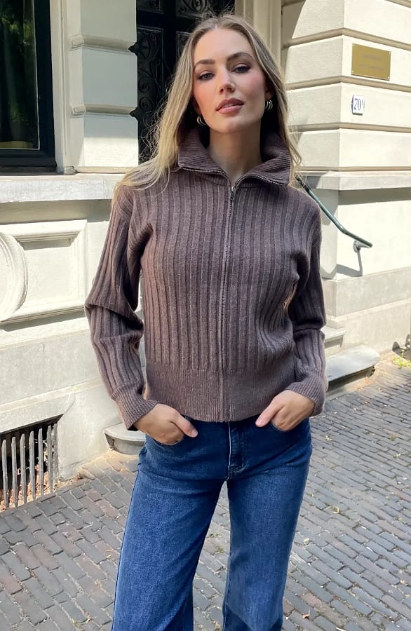 Gebreid Vest Rib Taupe – vesten, foto 3