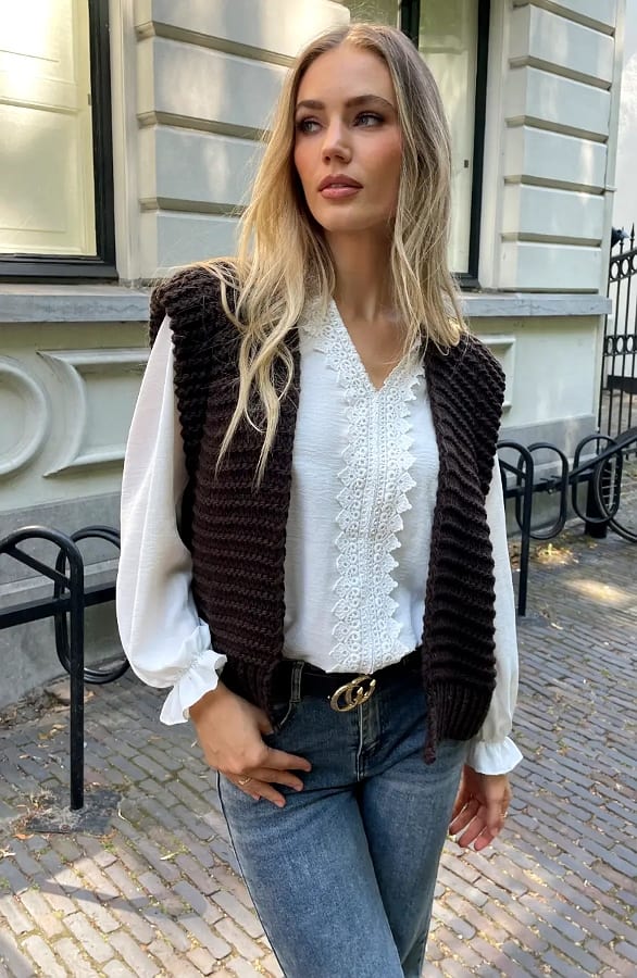 Grof Gebreid Gilet Kiek Choco – vesten — foto 4