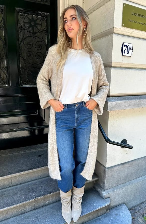 Lang Gebreid Vest Beige – vesten — foto 2