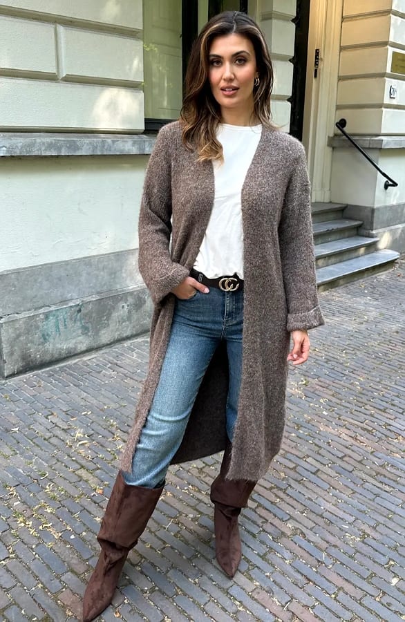 Lang Gebreid Vest Taupe