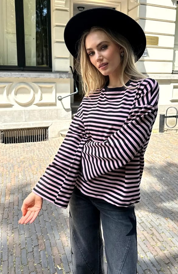 Oversized Gestreepte Katoenen Top Dust Roze Zwart – shirts & tops — foto 10