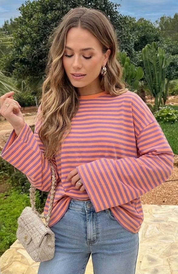 Oversized Gestreepte Katoenen Top Lila Orange