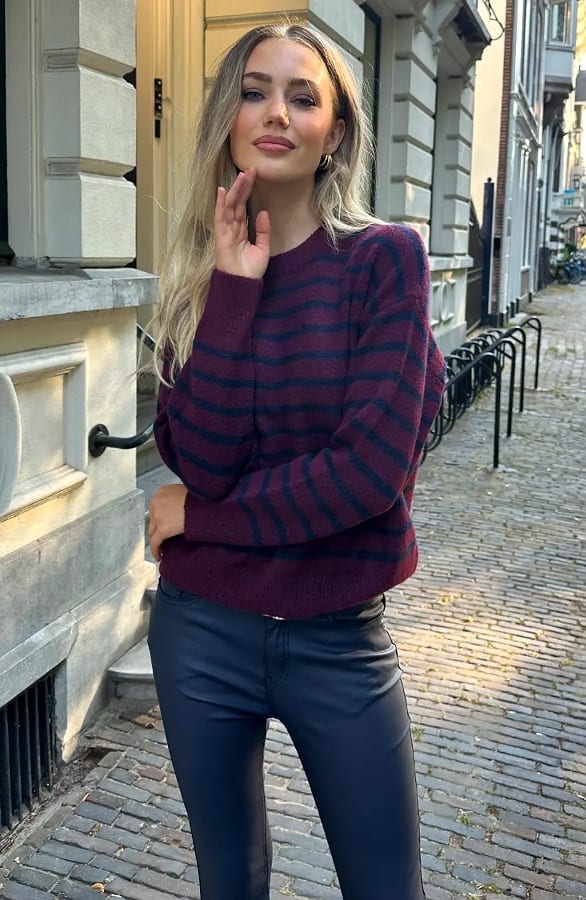 Oversized Gestreepte Sweater Burgundy Navy – truien — foto 4