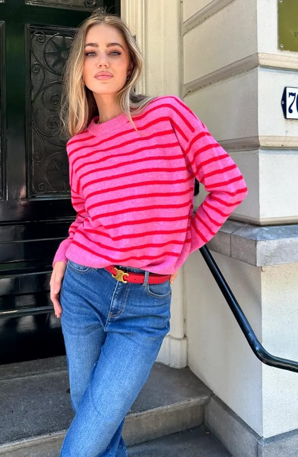 Oversized Gestreepte Sweater Rood Fuchsia
