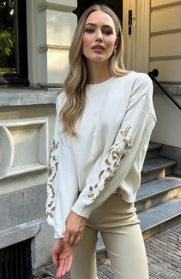 Oversized Pailletten Sweater Ecru Gold