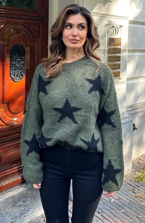 Oversized Sterren Sweater Army – truien, foto 4