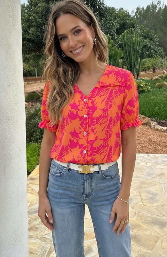 Pofmouwen Top Met Ruffle Demi Print Fuschia Oranje