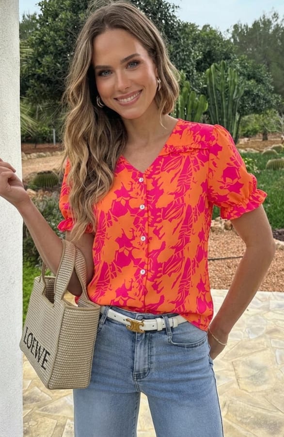 Pofmouwen Top Met Ruffle Demi Print Fuschia Oranje – shirts & tops — foto 3