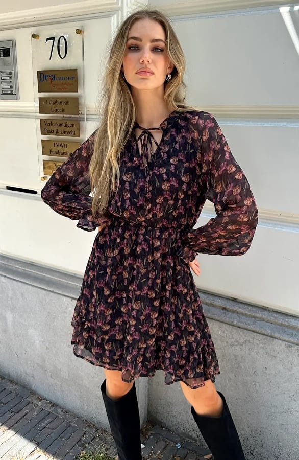 Ruches Flower Jurk Zwart