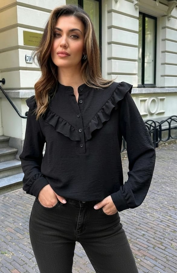 Ruffle Button Blouse Black – kleding — foto 3