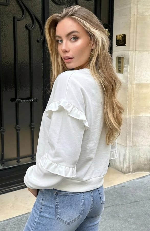 Ruffle Puff Sleeve Sweater Ecru – truien — foto 3