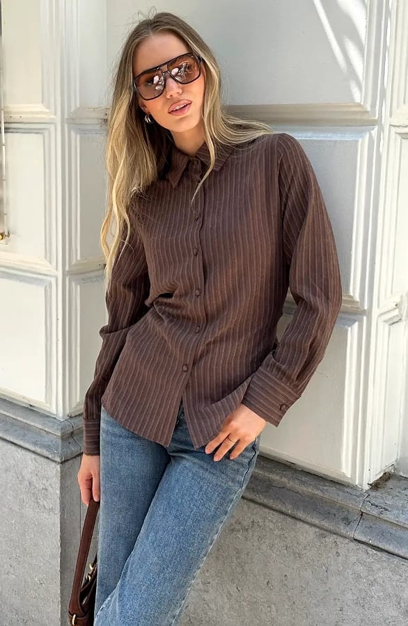 Stripe Blouse With Cord Detail Choco