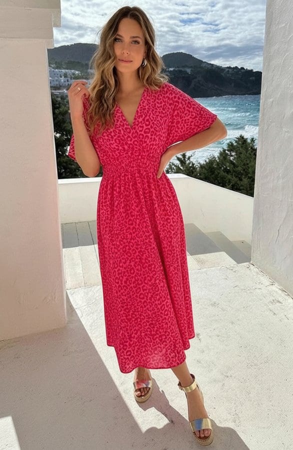 V-Hals Maxi Print Jurk Mousseline Panterprint Roze – alle jurkjes — foto 2