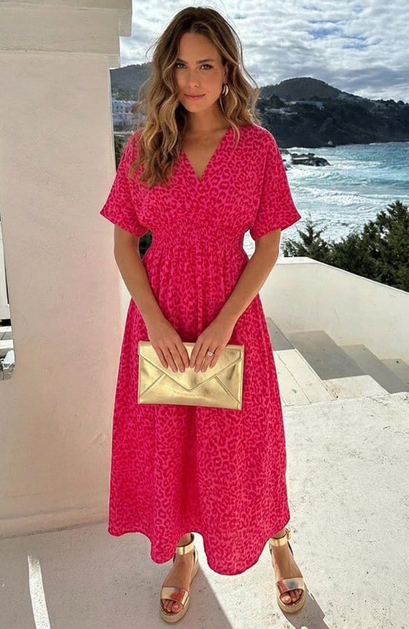 V-Hals Maxi Print Jurk Mousseline Panterprint Roze