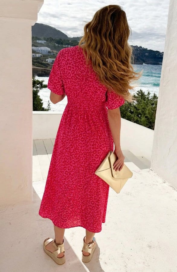 V-Hals Maxi Print Jurk Mousseline Panterprint Roze – alle jurkjes — foto 4