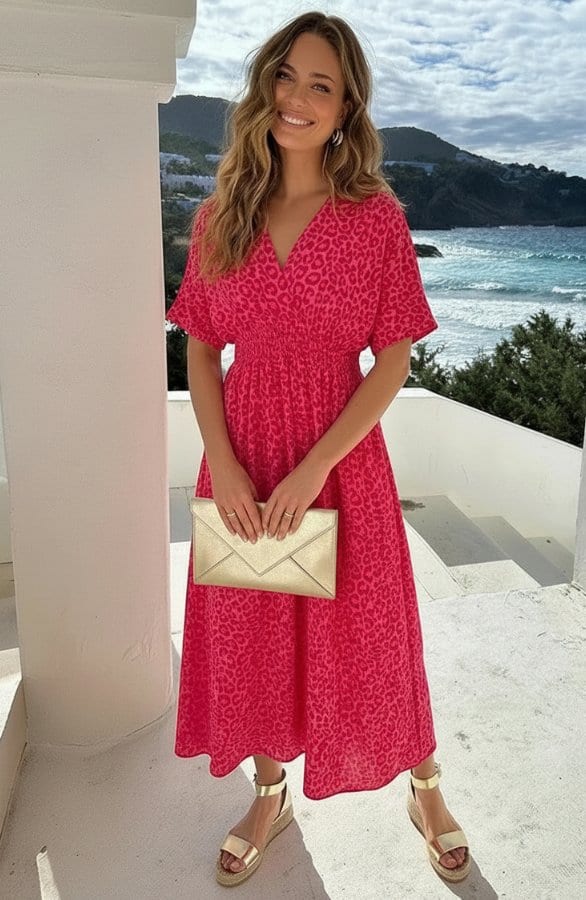 V-Hals Maxi Print Jurk Mousseline Panterprint Roze – alle jurkjes — foto 3