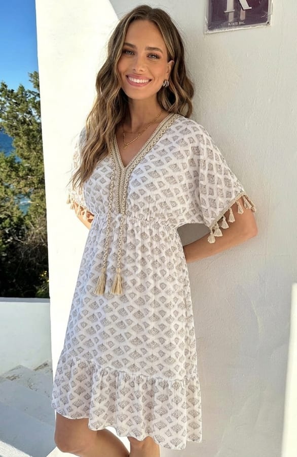 V-hals Lurex Jurk Print Maris Beige
